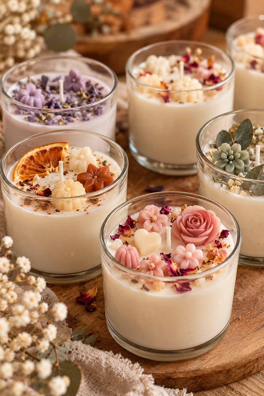 Velas en vaso decoradas con flores secas Vall de Bellesia
